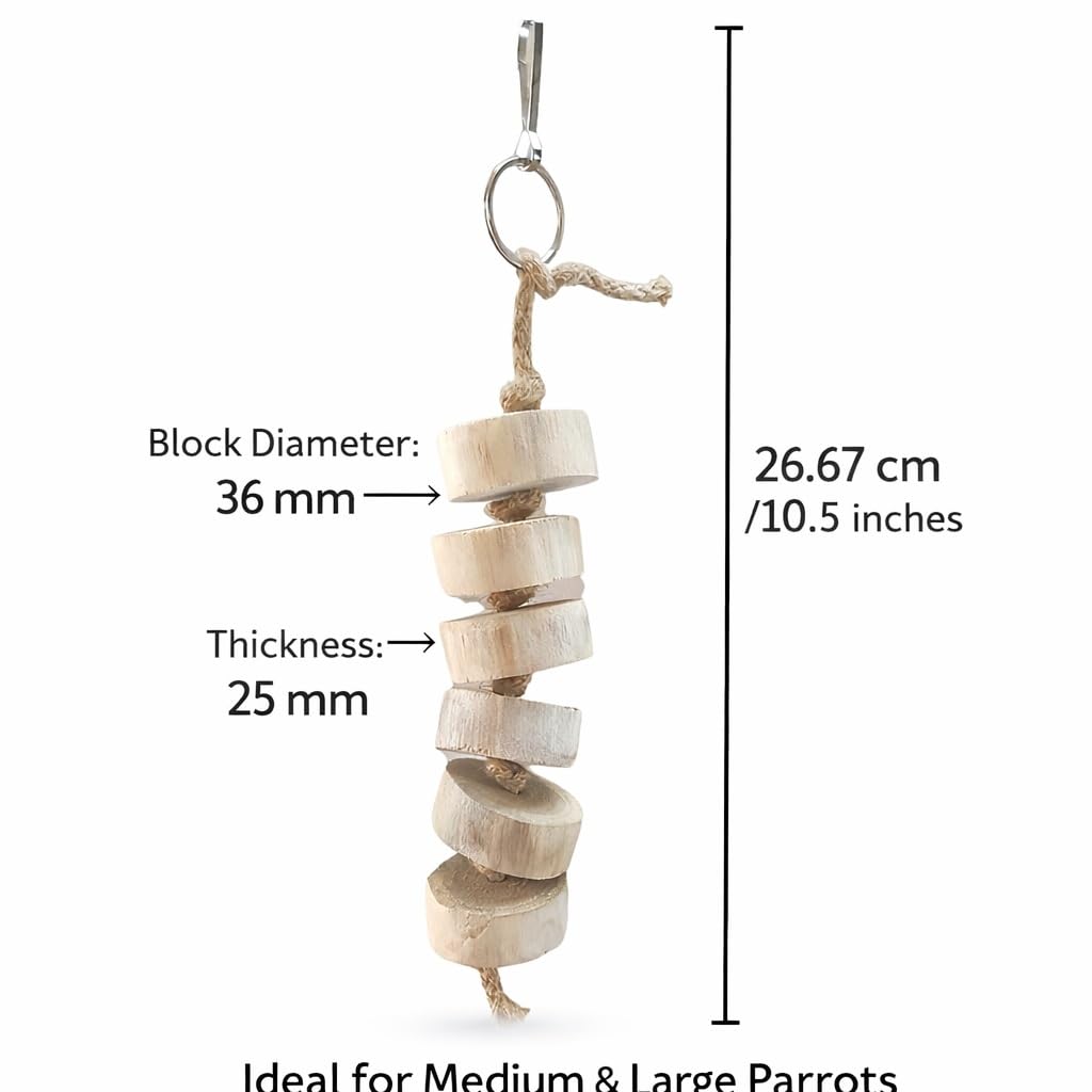 KSK Wooden Chew Hanging Toy for Parrots & Medium Birds | Natural Wood Blocks with Metal Hook | Cage Activity & Beak Trimming Toy for African Grey, Cockatiel, Lovebird & Conure