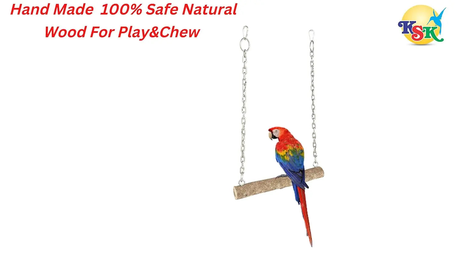KSK Large Wooden Bird Swing Toy with Chew Blocks, Natural Parrot Swing Perch for African Grey, Macaw, Cockatoo & Medium to Large Birds, Cage Hanging Accessory