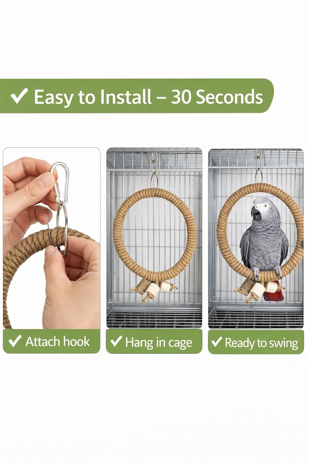 KSK Natural Jute Rope Bird Swing for Medium & Large Parrots | Strong Wooden Perch Hanging Swing Toy | Cage Accessory for African Grey, Amazon, Cockatoo, Macaw KSK ENTERPRISES