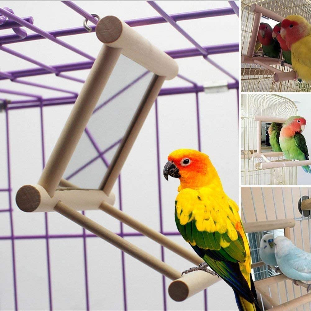KSK 1 Pc Bird Mirror with Wooden Perch and Metal Hook – Hanging Swing Toy for Cage, Parrots, Budgies, Cockatiels, Lovebirds, Finches & Canaries (Small)