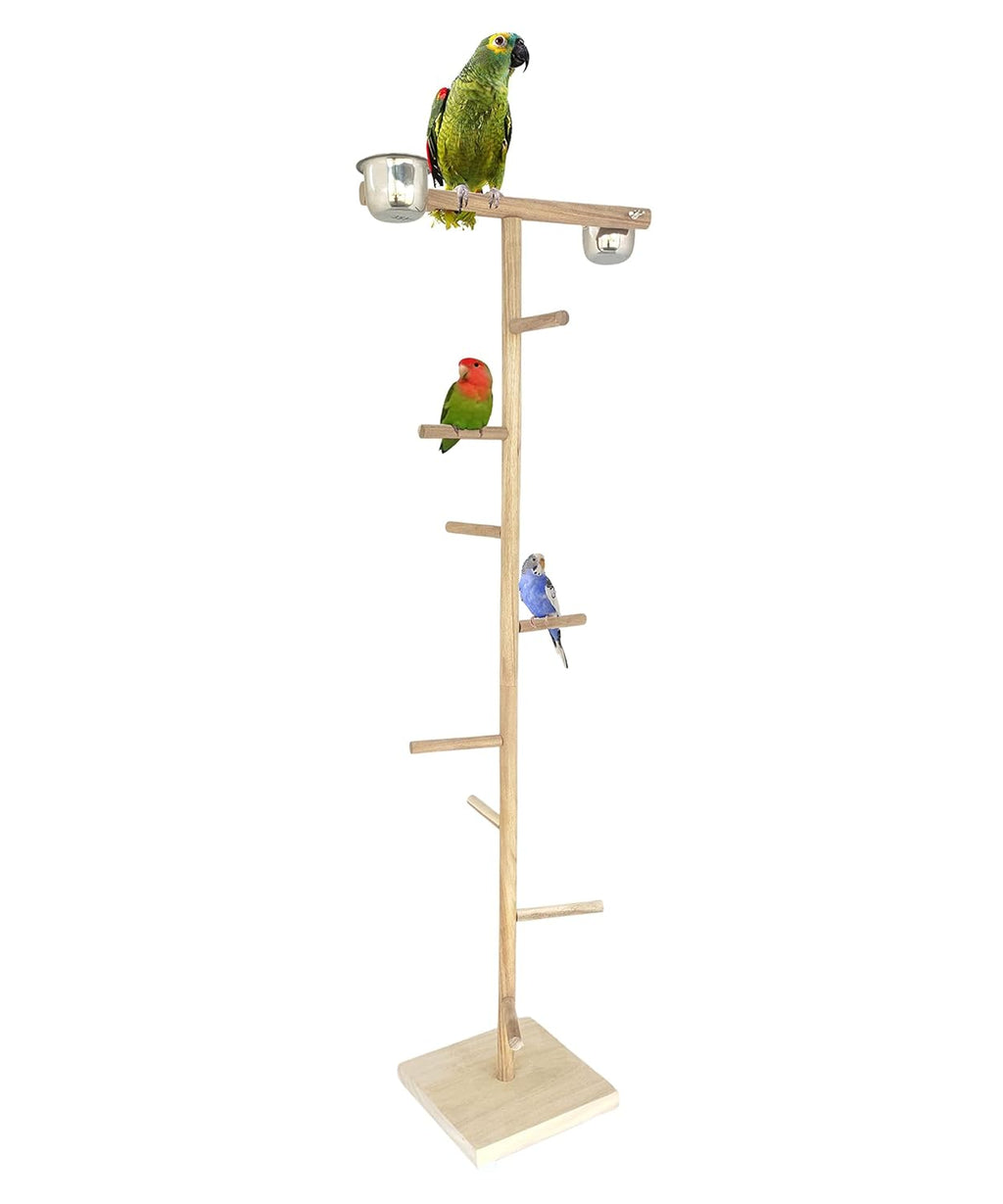 KSK Birds Playground,Wood Perch Gym Stand Training Step Ladder Perch with 2 Feeder Cups Exercise Toys for Cockatiels Lovebird Parakeets Parrots Conure Finches (KSKWBTS005, 48 INCH)