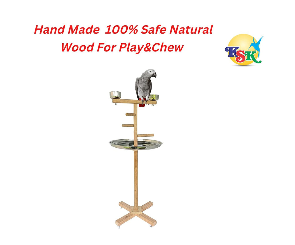 KSK 3 Stairs 47'' Parrot Birds Perch PlatformToy Cage Wooden Stand Activity Play Jym Climbing Stand for Cockatoo,African Grey,Macaw. Natural Wood Cage Accessories(LARG)
