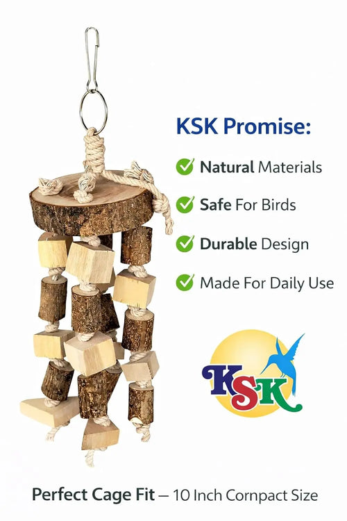 KSK Natural Wood Bird Chewing & Foraging Hanging Accessory for Budgies, Cockatiels & Parrots | Wooden Cage Activity Block (10 Inch) KSK ENTERPRISES