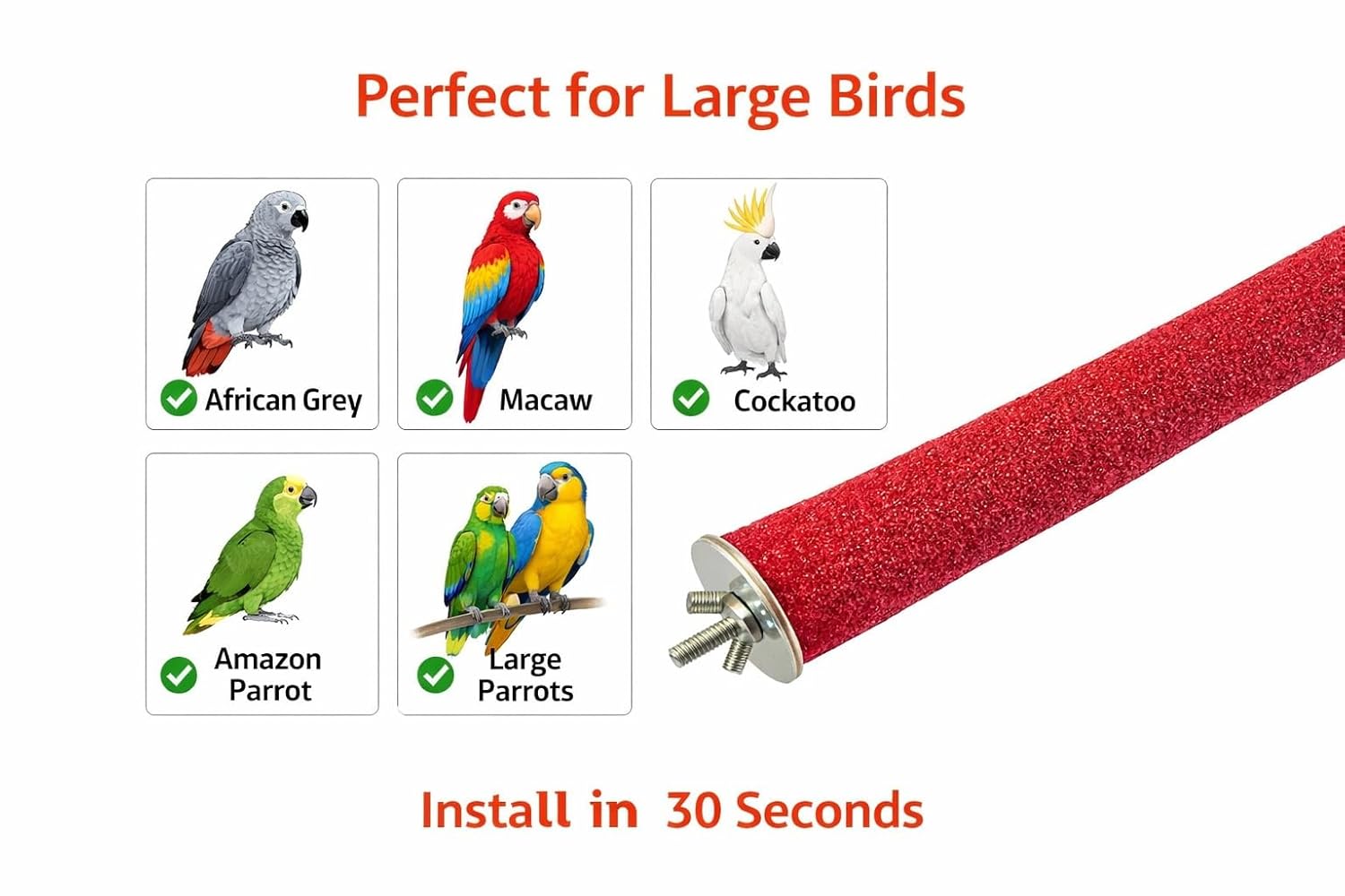 KSK Natural Wood Bird Perch 10 Inch (30mm Thick) | Nail Grinding Sand Perch for Birds | Rough Grip Cage Perch for African Grey, Macaw, Cockatoo & Large Parrots | Anti-Slip Paw Exercise Perch KSK ENTERPRISES