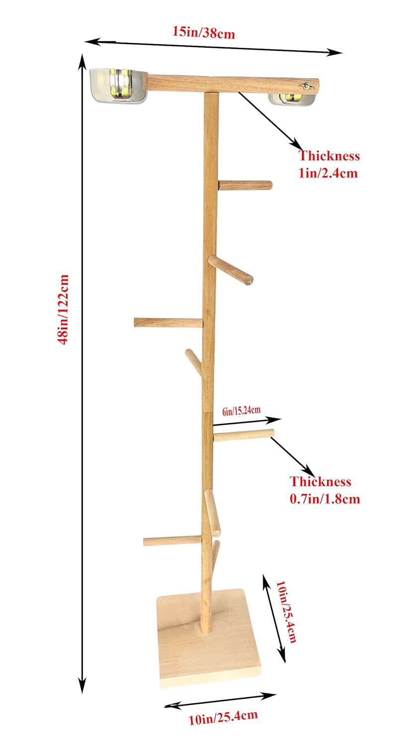 KSK Birds Playground,Wood Perch Gym Stand Training Step Ladder Perch with 2 Feeder Cups Exercise Toys for Cockatiels Lovebird Parakeets Parrots Conure Finches (KSKWBTS005, 48 INCH)
