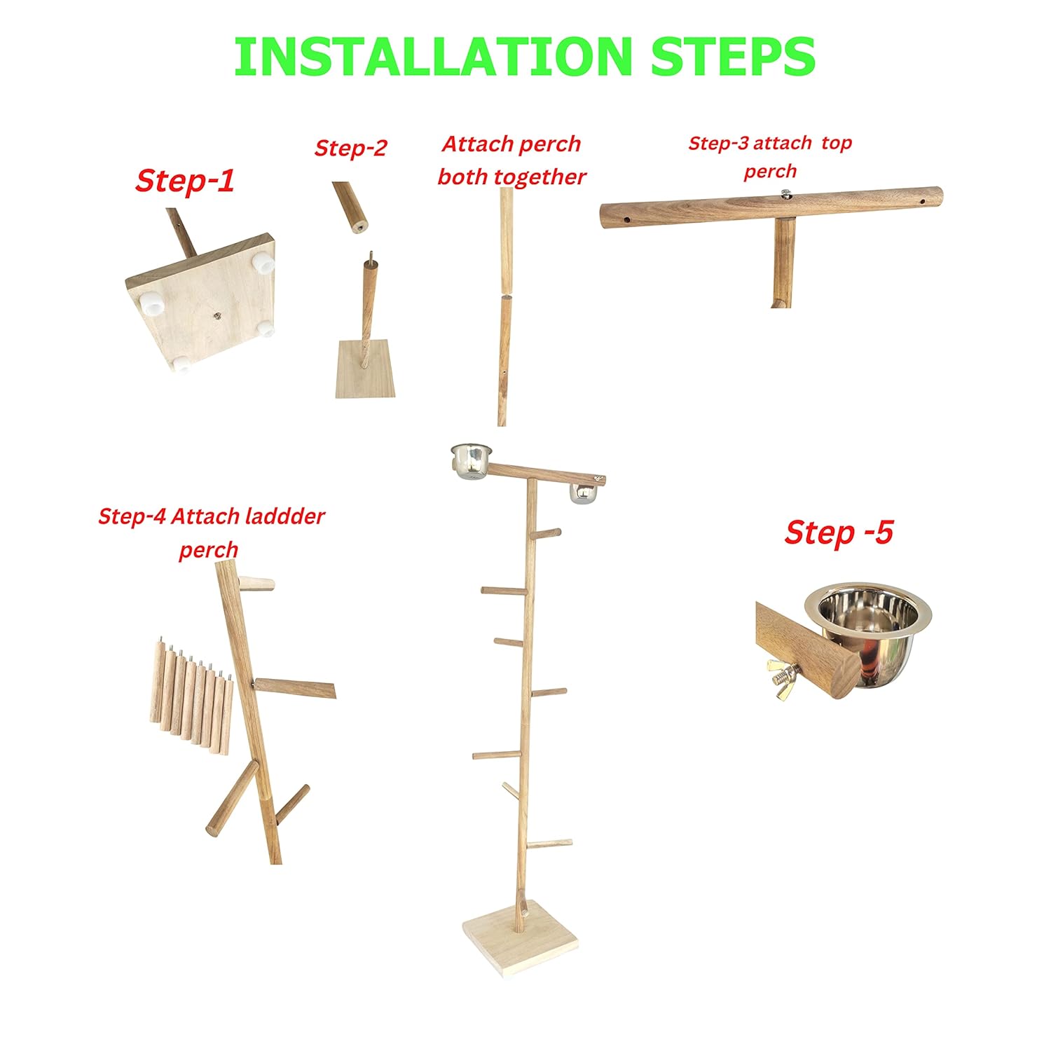 KSK Birds Playground,Wood Perch Gym Stand Training Step Ladder Perch with 2 Feeder Cups Exercise Toys for Cockatiels Lovebird Parakeets Parrots Conure Finches (KSKWBTS005, 48 INCH)