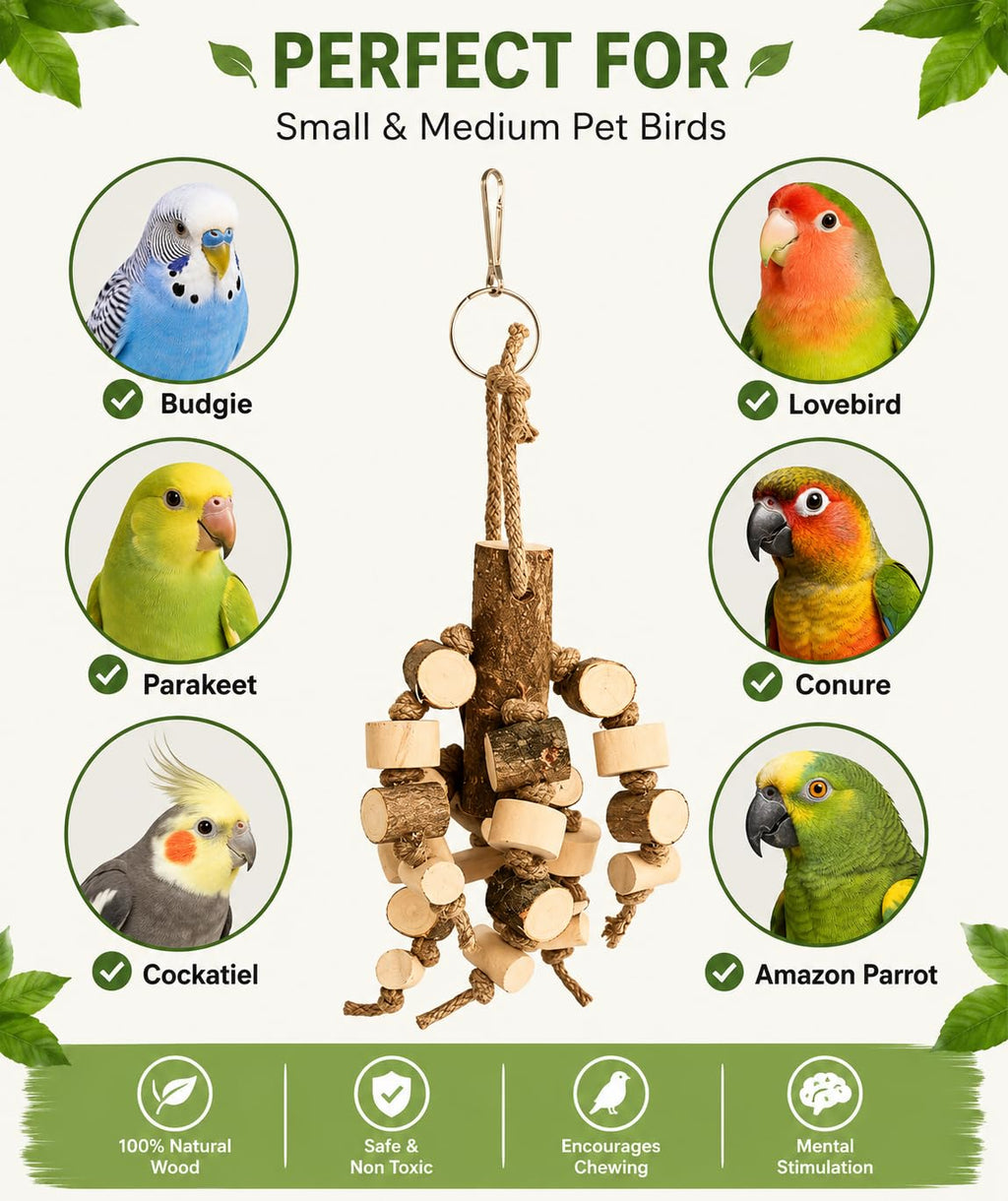 KSK Bird Chewing Toys for Parrots, Budgies & Cockatiels – Natural Wooden Blocks Chew Toy, Shredding & Beak Conditioning Toy for Parakeets, Conures, Lovebirds & Amazon Parrots