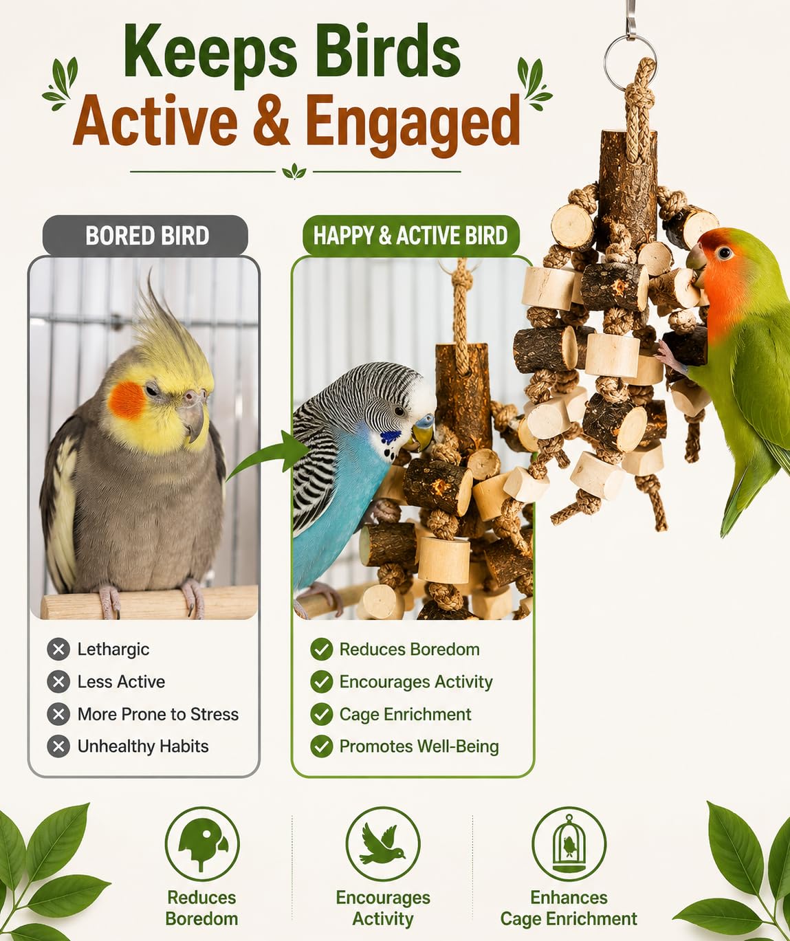 KSK Bird Chewing Toys for Parrots, Budgies & Cockatiels – Natural Wooden Blocks Chew Toy, Shredding & Beak Conditioning Toy for Parakeets, Conures, Lovebirds & Amazon Parrots