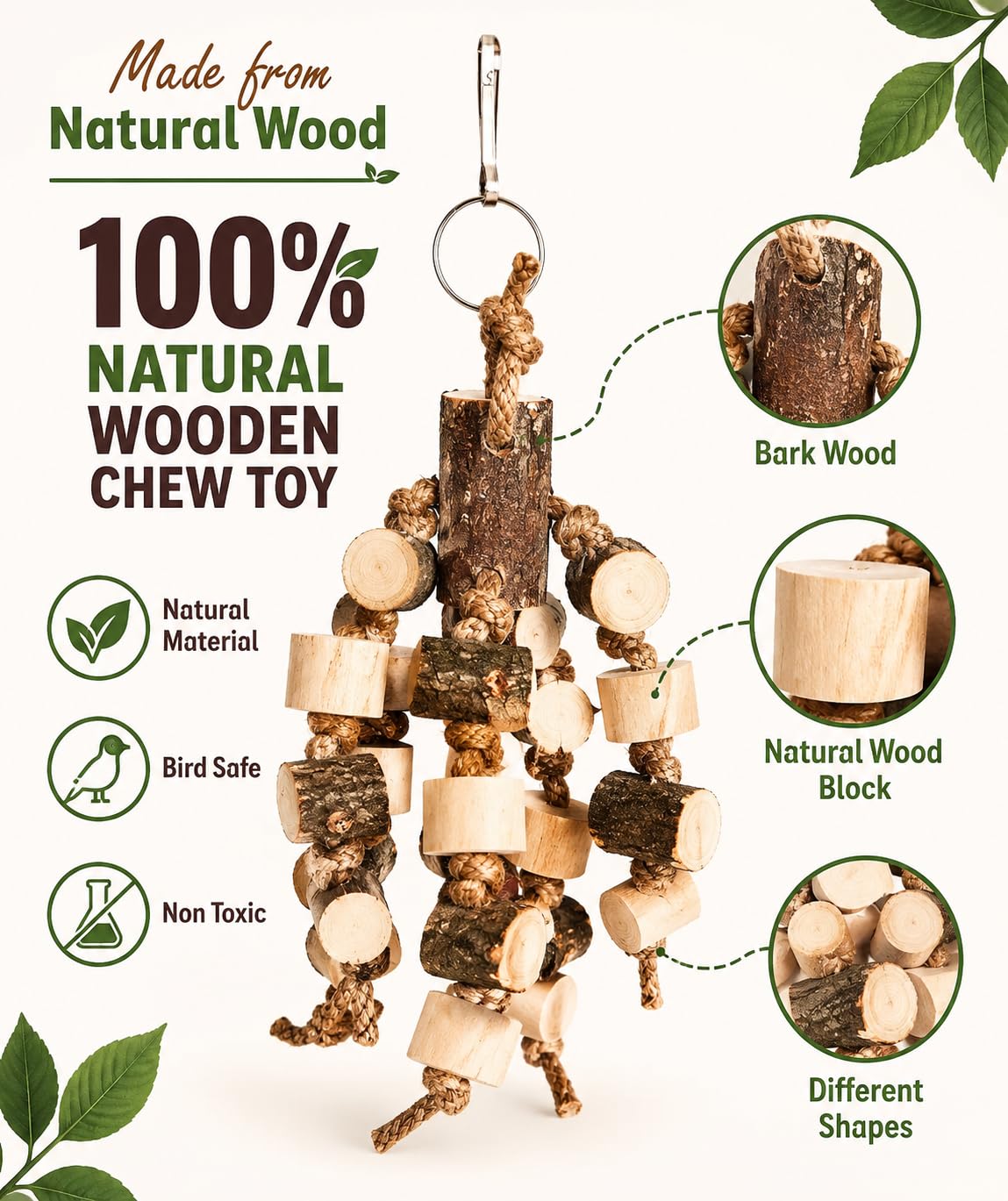 KSK Bird Chewing Toys for Parrots, Budgies & Cockatiels – Natural Wooden Blocks Chew Toy, Shredding & Beak Conditioning Toy for Parakeets, Conures, Lovebirds & Amazon Parrots