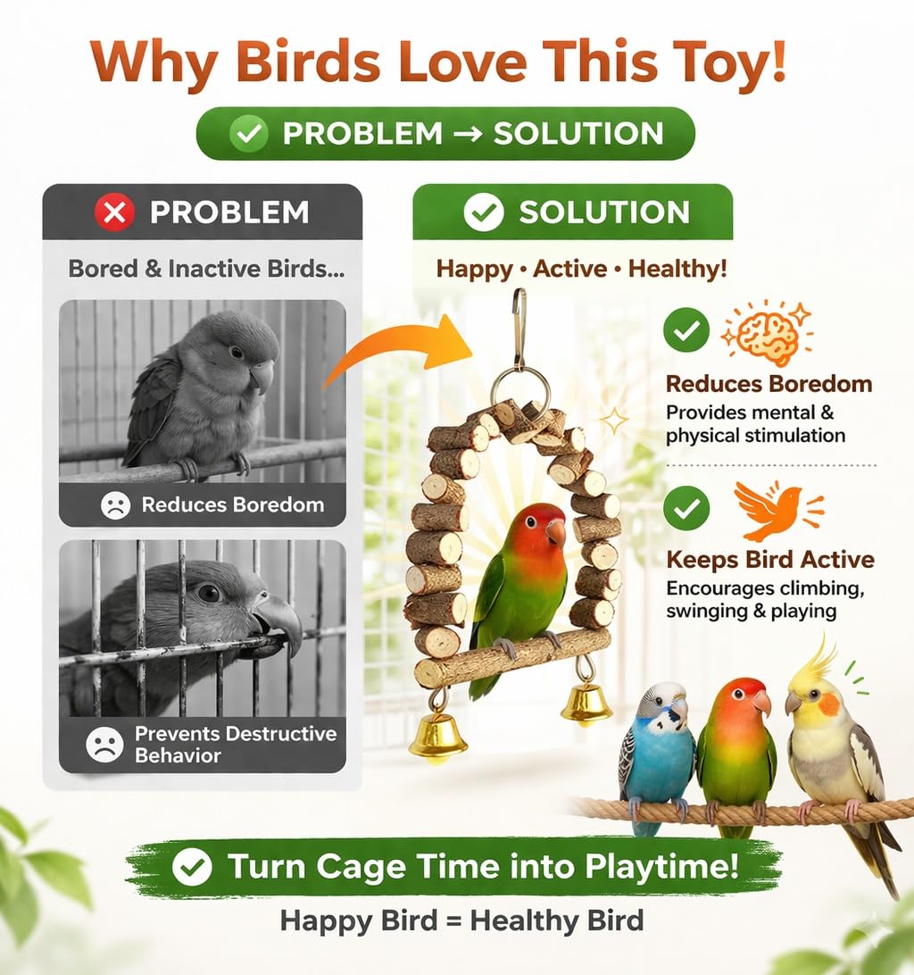 KSK Natural Wooden Bird Ladder Swing for Cage – Climbing Toy for Budgies, Lovebirds, Cockatiels & Small/Medium Parrots | Chew Safe, Easy Hook Installation | Bird Cage Accessory KSK ENTERPRISES