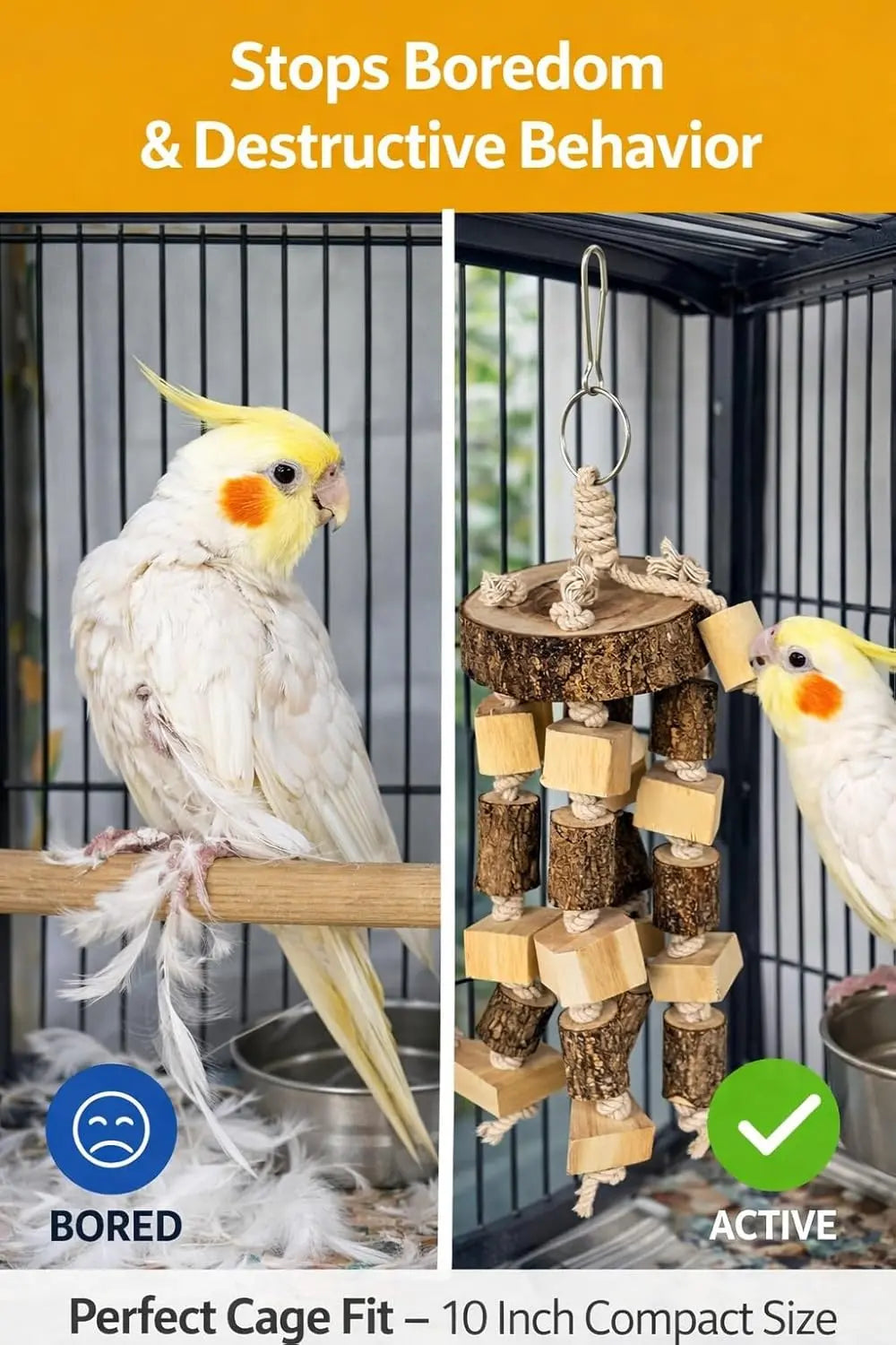 KSK Natural Wood Bird Chewing & Foraging Hanging Accessory for Budgies, Cockatiels & Parrots | Wooden Cage Activity Block (10 Inch) KSK ENTERPRISES