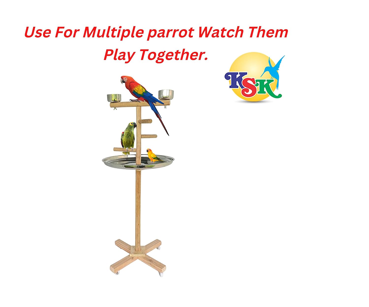 KSK 3 Stairs 47'' Parrot Birds Perch PlatformToy Cage Wooden Stand Activity Play Jym Climbing Stand for Cockatoo,African Grey,Macaw. Natural Wood Cage Accessories(LARG)