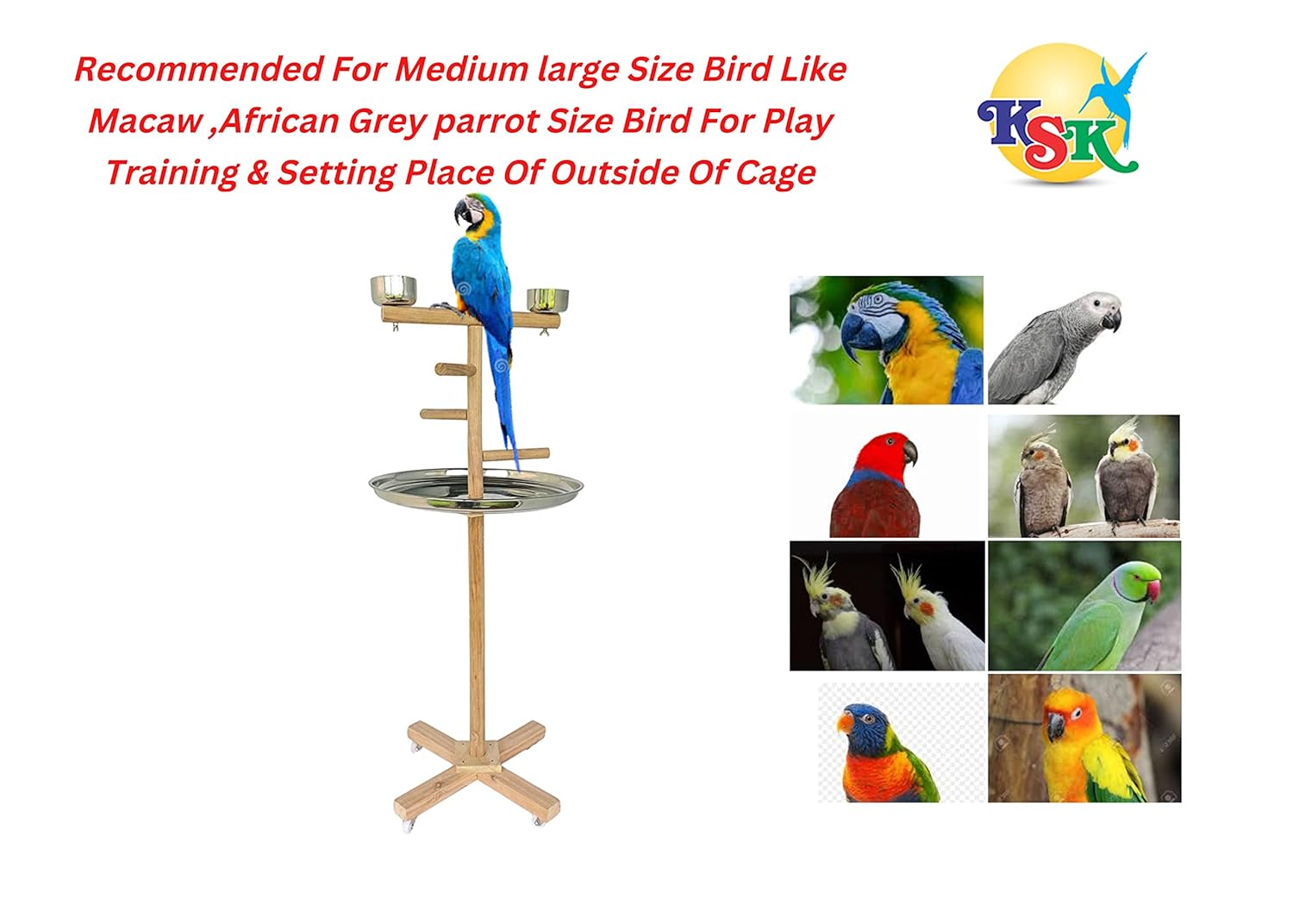 KSK 3 Stairs 47'' Parrot Birds Perch PlatformToy Cage Wooden Stand Activity Play Jym Climbing Stand for Cockatoo,African Grey,Macaw. Natural Wood Cage Accessories(LARG)