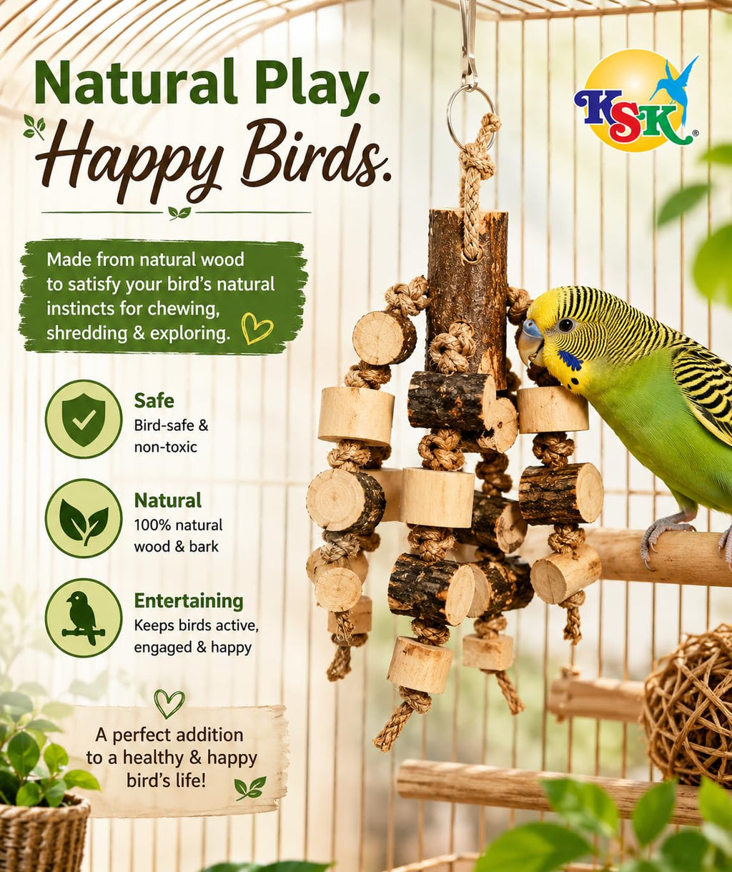 KSK Bird Chewing Toys for Parrots, Budgies & Cockatiels – Natural Wooden Blocks Chew Toy, Shredding & Beak Conditioning Toy for Parakeets, Conures, Lovebirds & Amazon Parrots