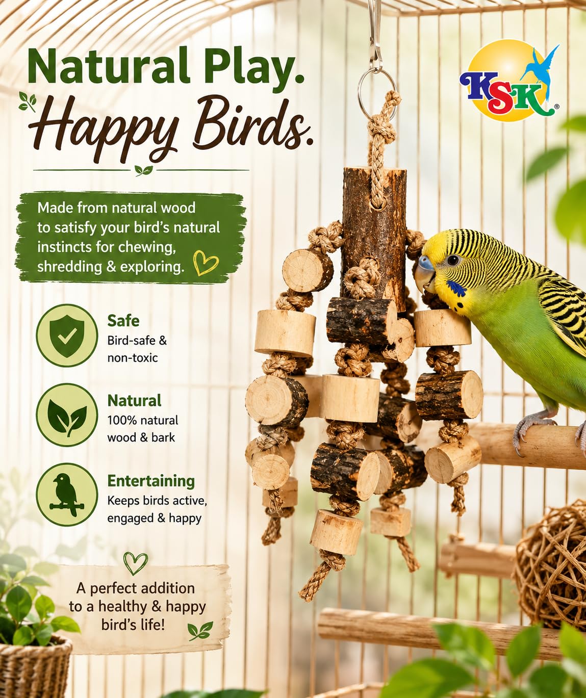 KSK Bird Chewing Toys for Parrots, Budgies & Cockatiels – Natural Wooden Blocks Chew Toy, Shredding & Beak Conditioning Toy for Parakeets, Conures, Lovebirds & Amazon Parrots