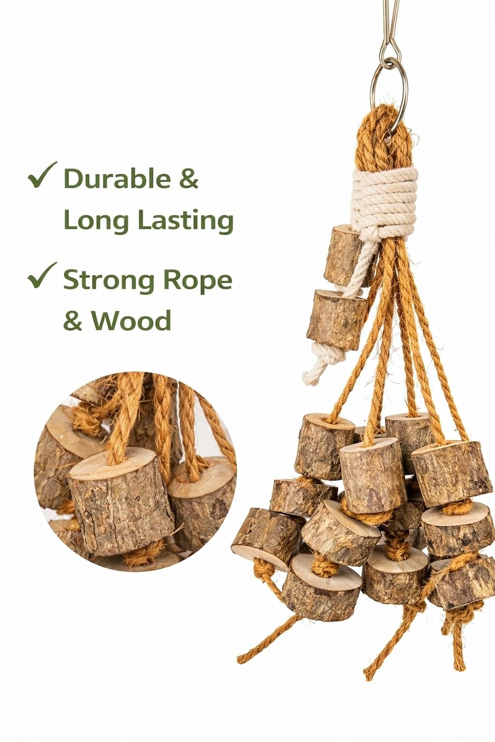 KSK Natural Wooden Bird Chew Toy Hanging for Parrots – Bird Cage Toy for Budgies, Lovebirds, Conures, Finches | Safe Wood Block Chewing Toy for Beak Care, Play & Exercise