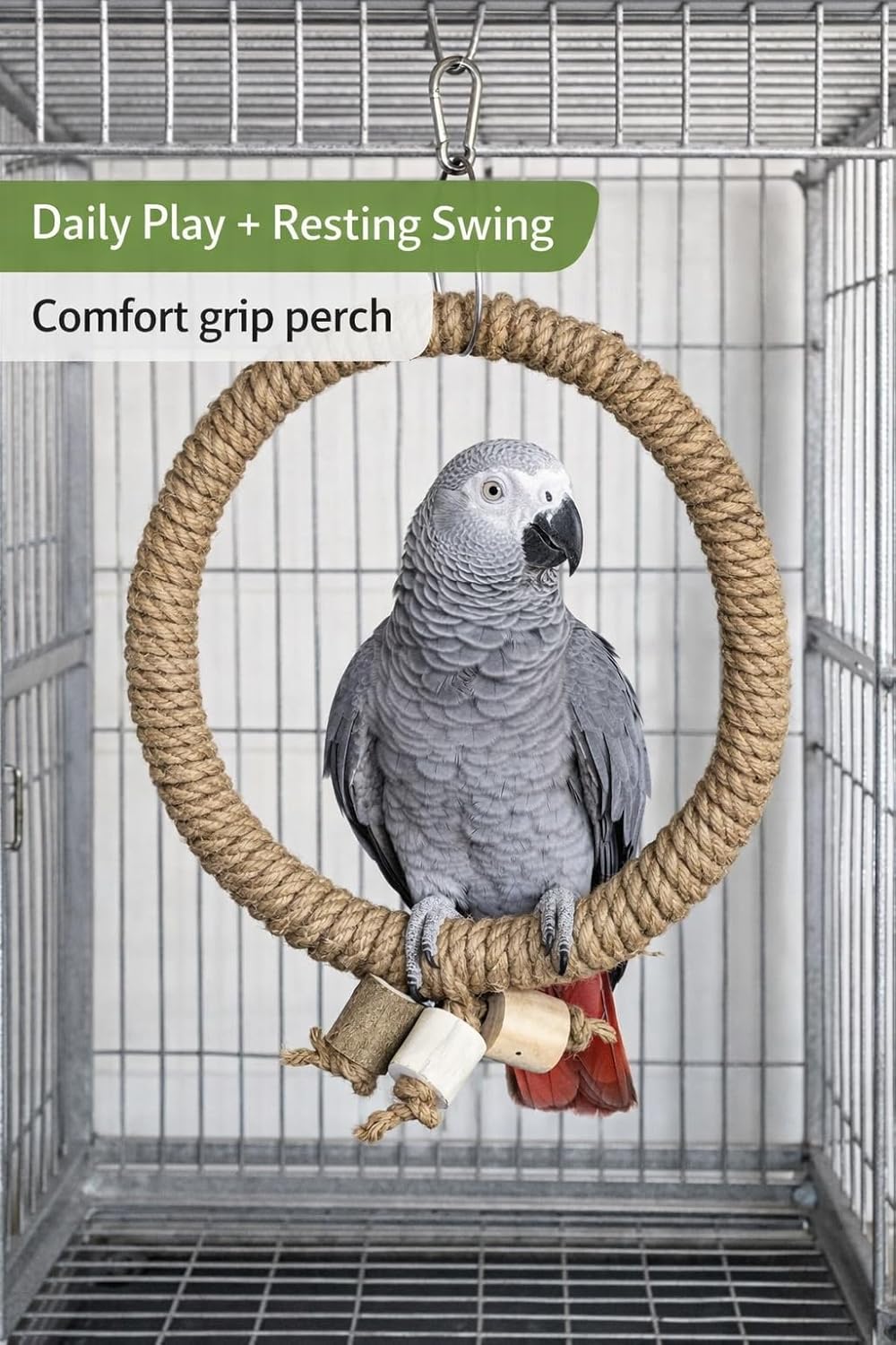 KSK Natural Jute Rope Bird Swing for Medium & Large Parrots | Strong Wooden Perch Hanging Swing Toy | Cage Accessory for African Grey, Amazon, Cockatoo, Macaw KSK ENTERPRISES