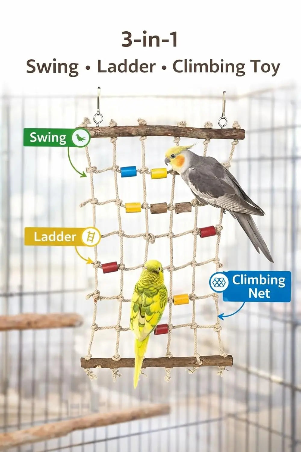 KSK Cotton Rope Bird Swing Ladder Toy for Parrots, Budgies & Cockatiels | Parrot Swing Toy & Climbing Net | Bird Cage Rope Ladder Perch Toy for Budgie, Lovebird, Conure | Bird Cage Accessories KSK ENTERPRISES