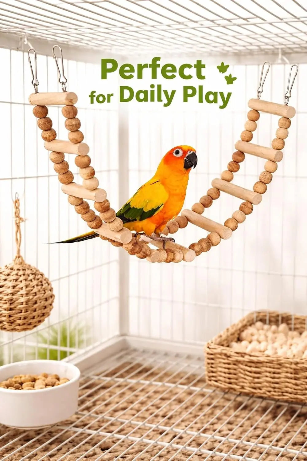 KSK Natural Wooden Bird Ladder Toy – 12 Step Hanging Climbing Bridge for Budgies, Lovebirds & Cockatiels | Chewable Perch Swing Cage Accessory for Small & Medium Parrots KSK ENTERPRISES