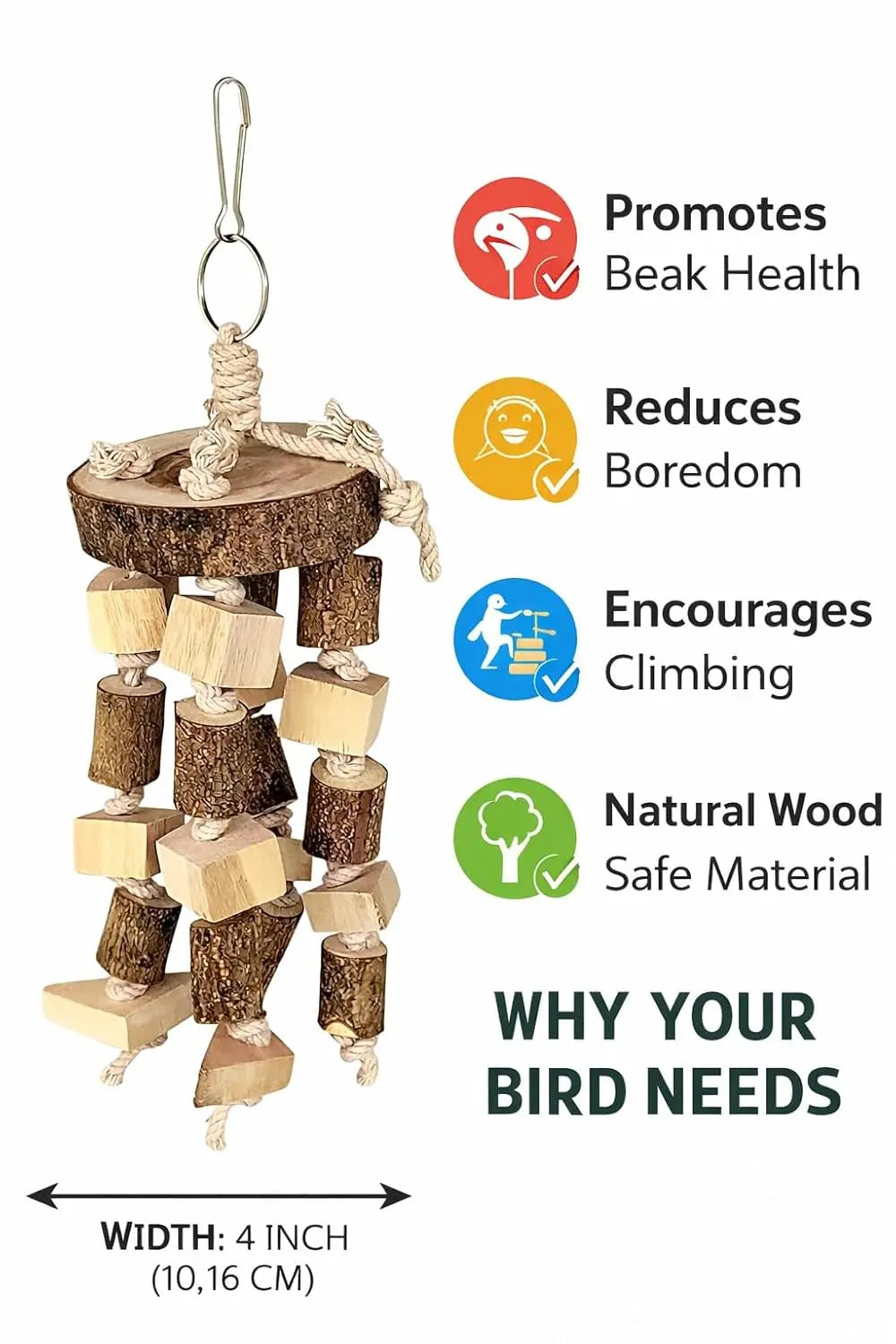 KSK Natural Wood Bird Chewing & Foraging Hanging Accessory for Budgies, Cockatiels & Parrots | Wooden Cage Activity Block (10 Inch) KSK ENTERPRISES