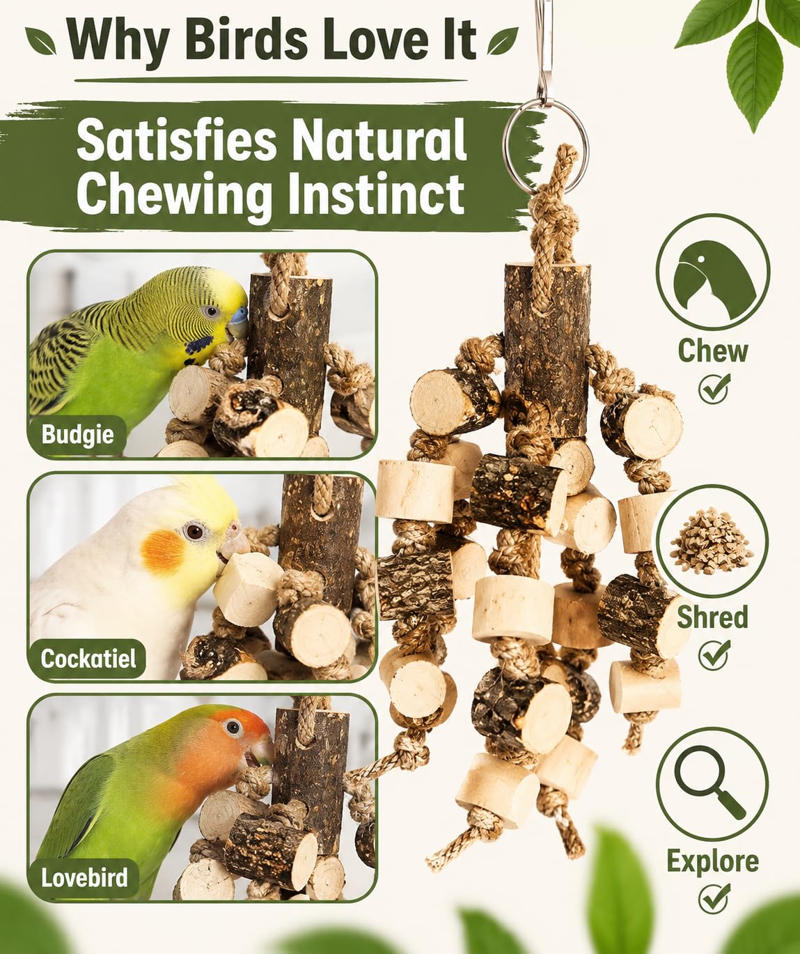 KSK Bird Chewing Toys for Parrots, Budgies & Cockatiels – Natural Wooden Blocks Chew Toy, Shredding & Beak Conditioning Toy for Parakeets, Conures, Lovebirds & Amazon Parrots
