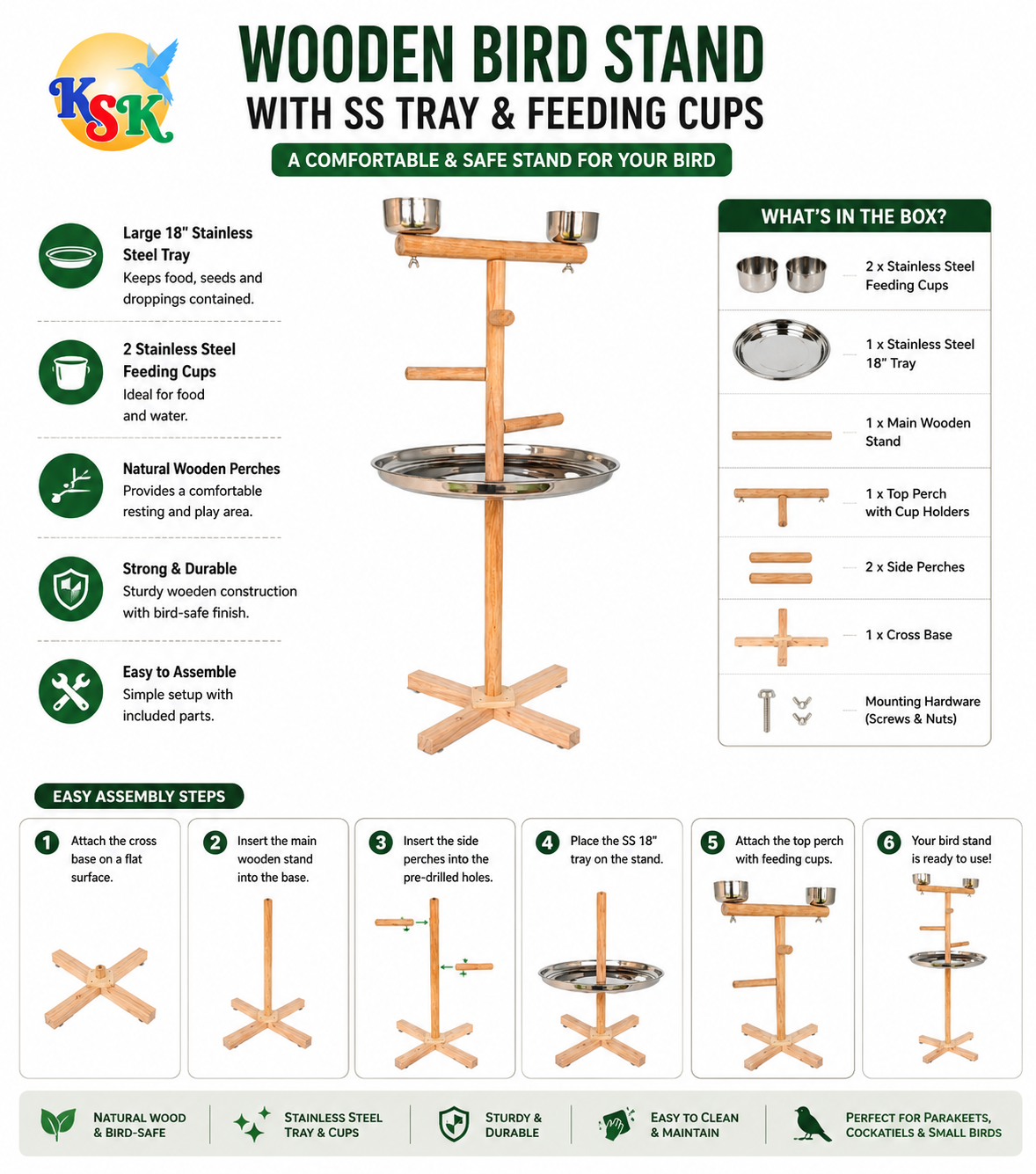 KSK 3 Stairs 47'' Parrot Birds Perch PlatformToy Cage Wooden Stand Activity Play Jym Climbing Stand for Cockatoo,African Grey,Macaw. Natural Wood Cage Accessories(LARG)